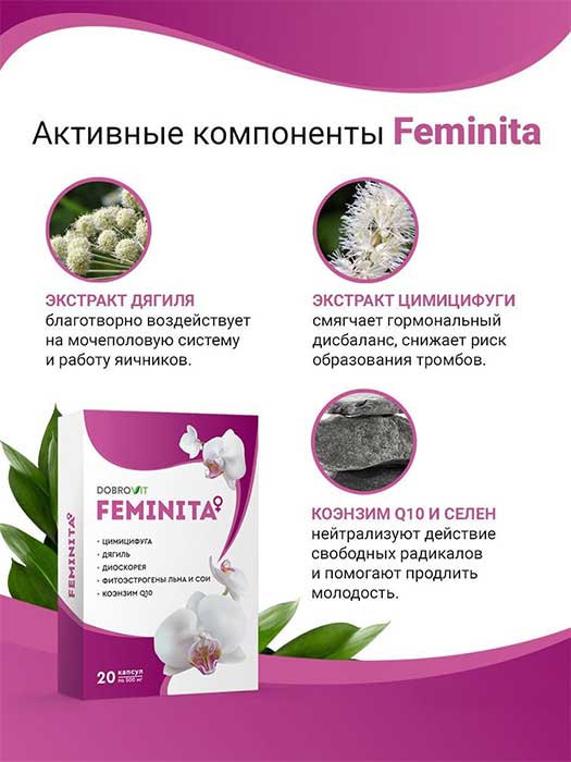 Комплекс витаминов для женщин в период климакса и менопаузы Feminita, Dobrovit, 20капсул по 500мг